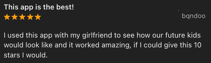 5-star review from bqndoo recommending Baby Generator Pro for seeing future children